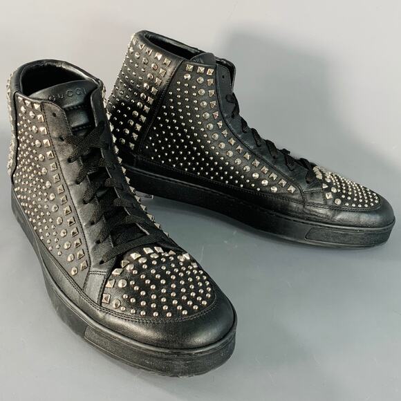 GUCCI Limited Edition Size 14 Black Silver Studded Leather High Top Sneakers - Picture 1 of 9